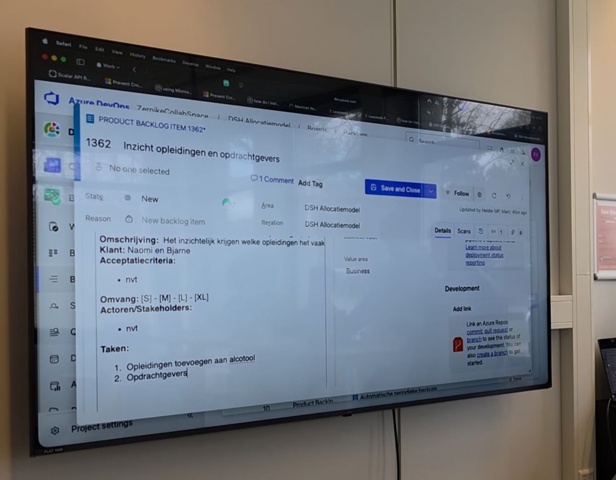 ZCS werkmethode: Azure DevOps backlog op groot scherm